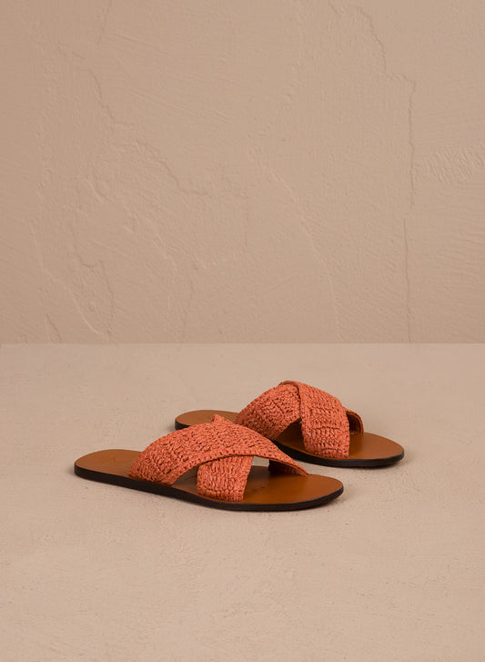 CROSSBAND LEATHER SANDALS RAFFIA